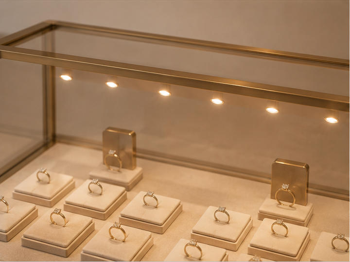 Double Glass-Top Jewelry Display Island Counter | Dual Showcase 9 Ambient base lighting and jewelry display details